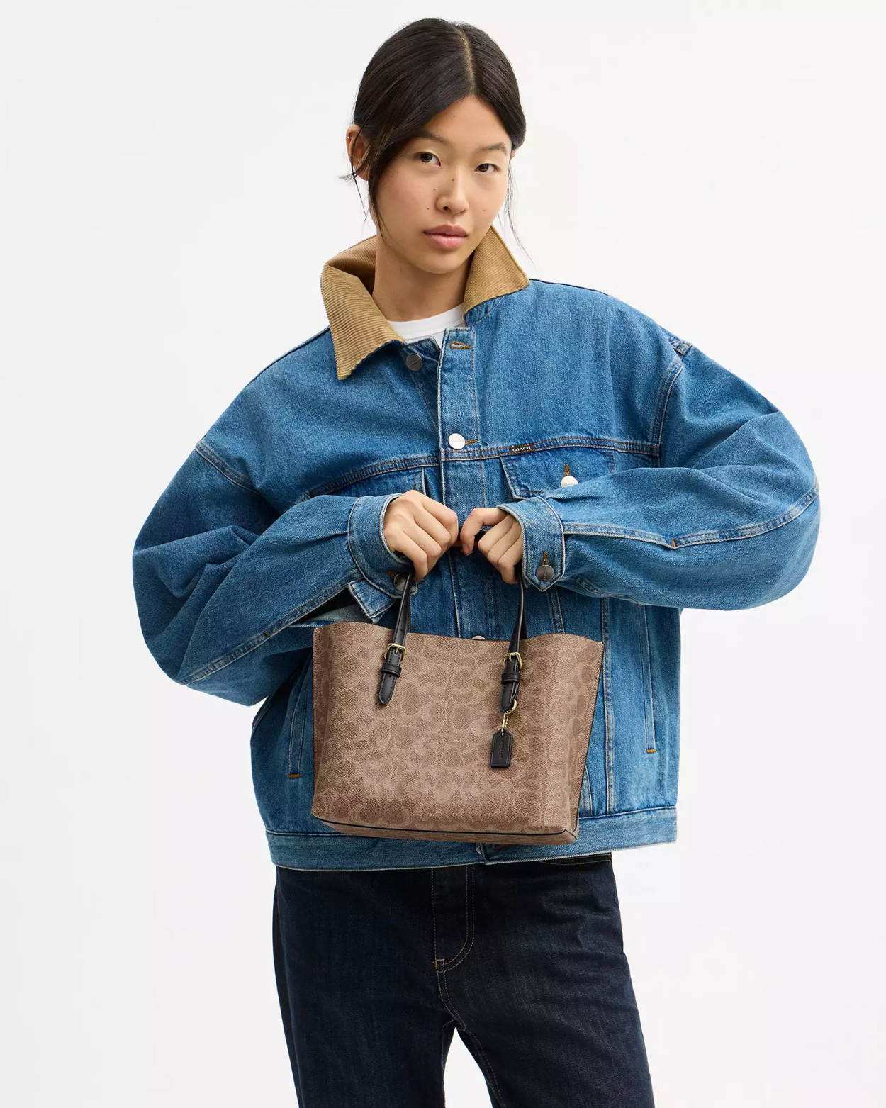 [100% Authentic or Money Back Guaranteed] Mollie Tote Bag 25 in signature canvas/Gold/Tan/Black (CV965)