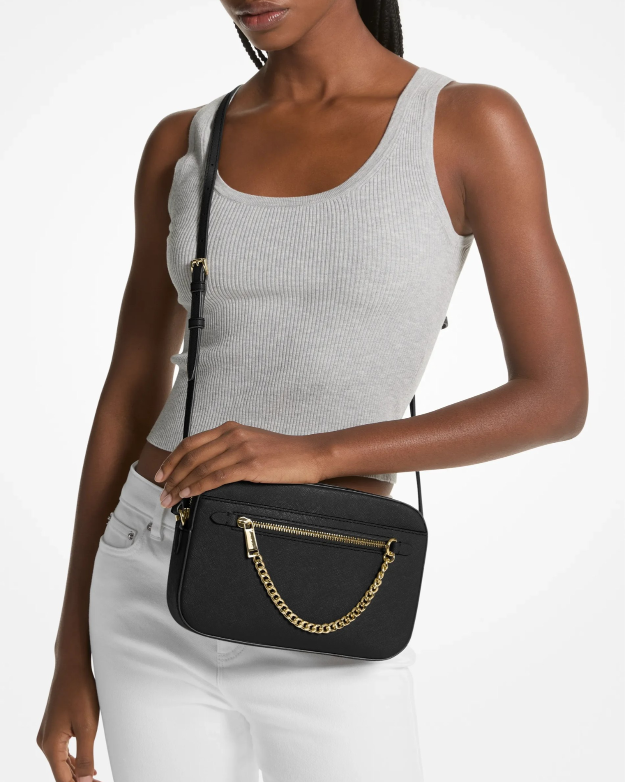 [100% Authentic or Money Back Guaranteed] MK Jet Set Large Saffiano Leather Crossbody Bag in Black (35S1GTTC7L)