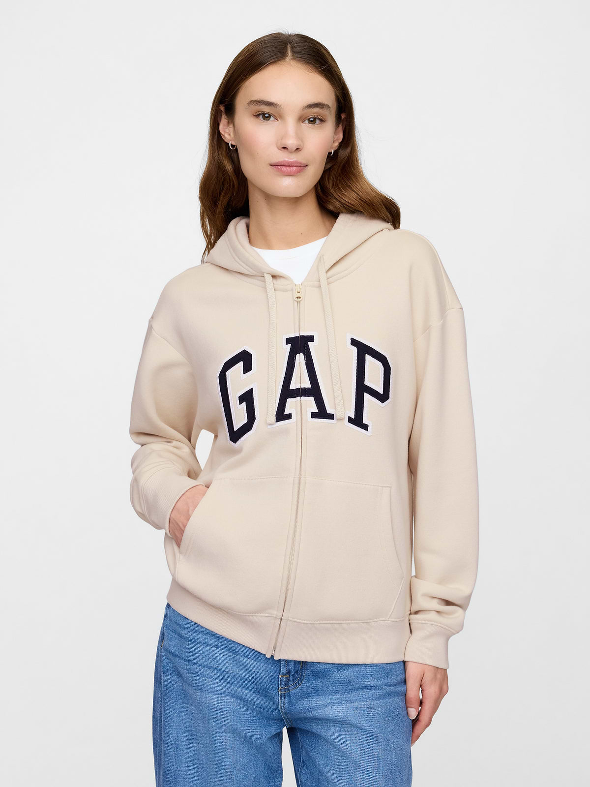 Relaxed Gap Logo Zip Hoodie - Tan Chino