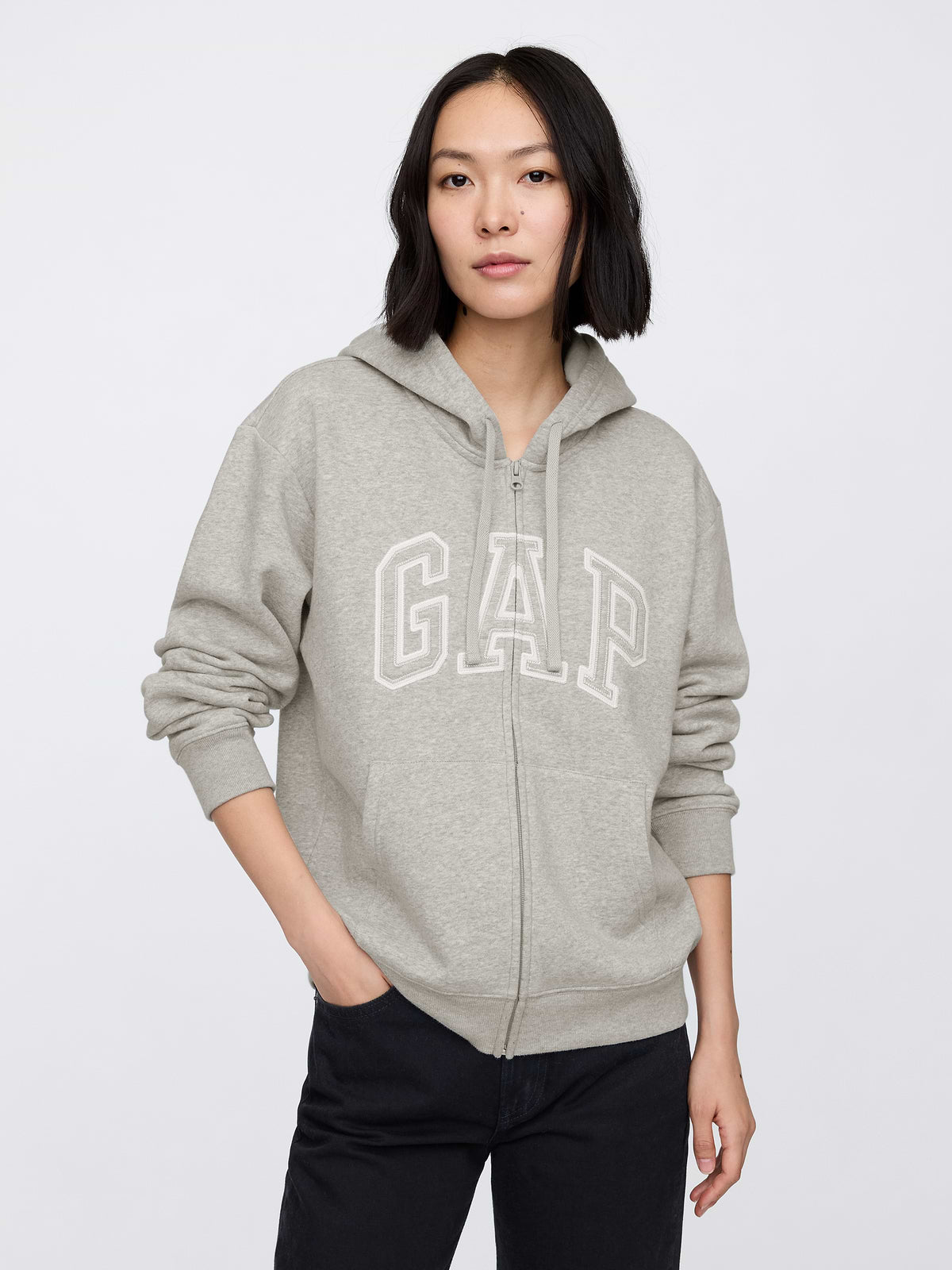 Relaxed Gap Logo Zip Hoodie - Gray And White Marl