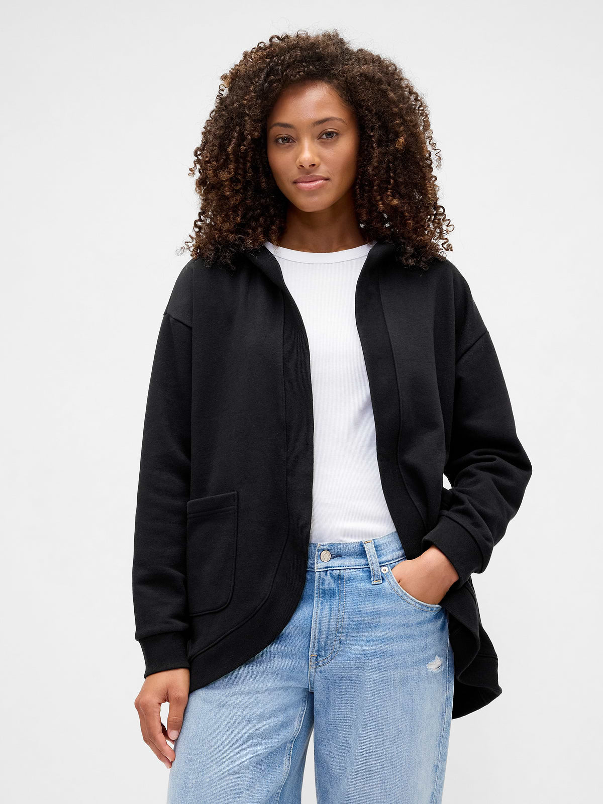 Oversized Open-Front Hoodie - Black