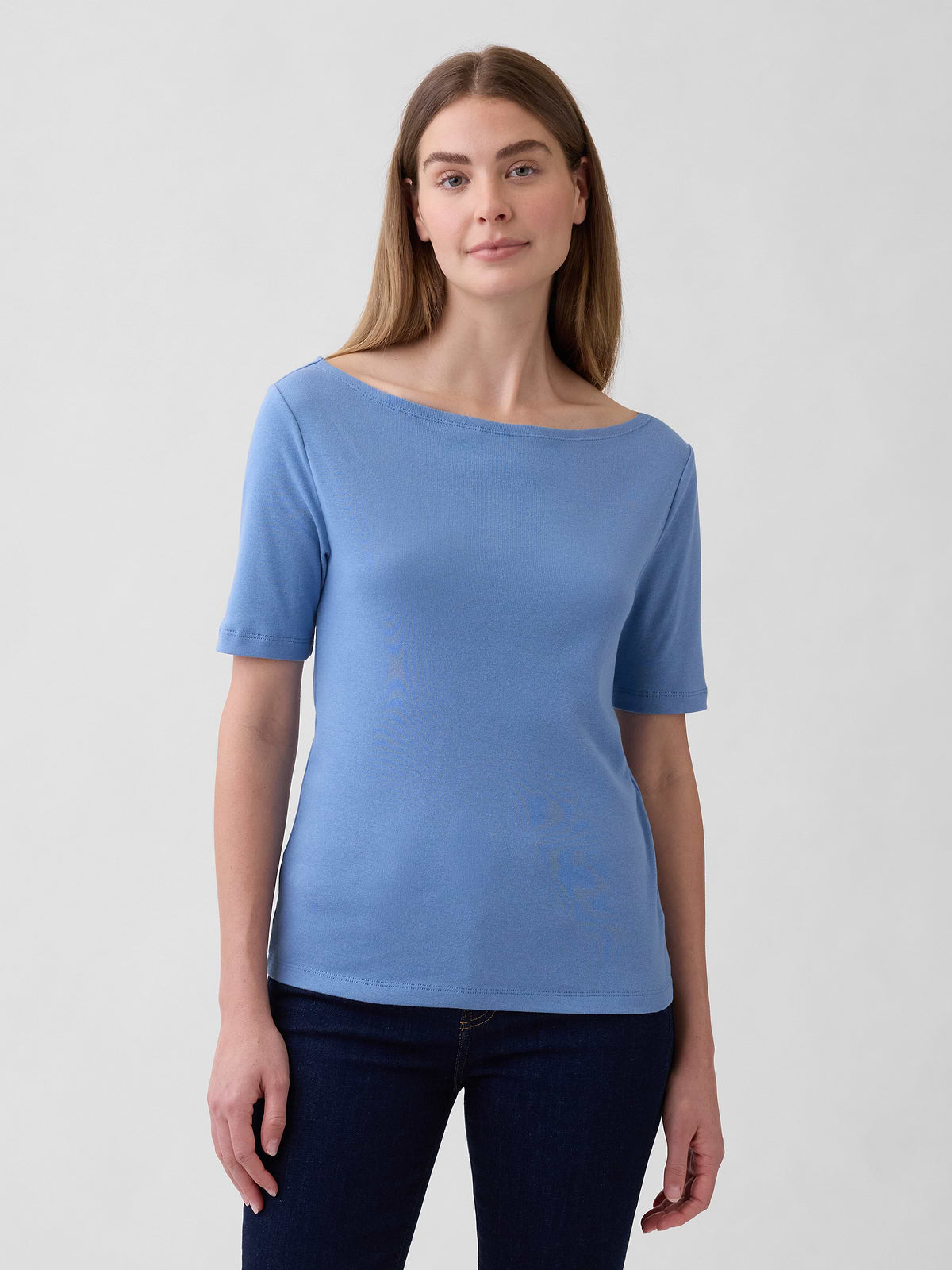 Modern Ribbed Boatneck T-Shirt - Soft Cornflower Blue