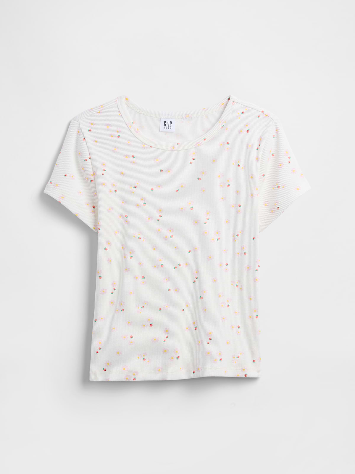 Kids Ribbed Crewneck T-Shirt - White Floral Print