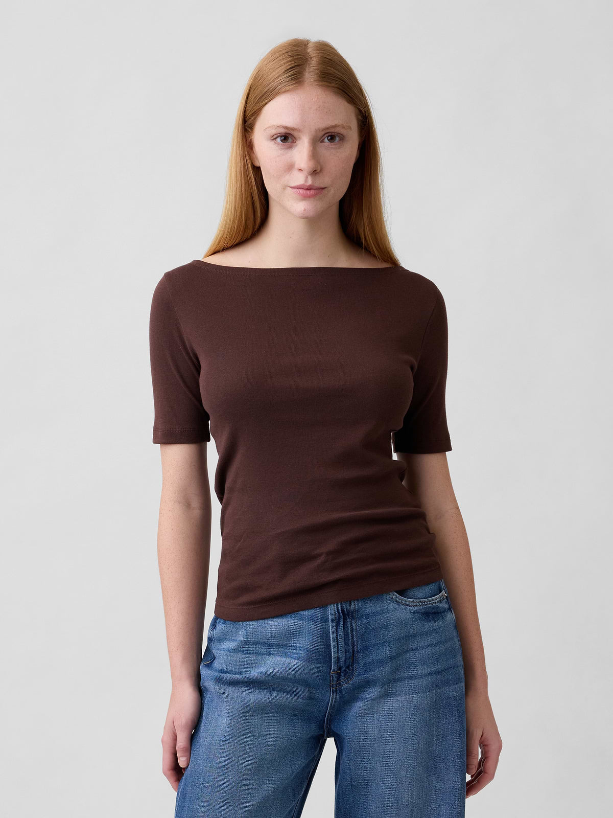 Modern Ribbed Boatneck T-Shirt - Dark Brown
