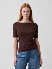 Modern Ribbed Boatneck T-Shirt - Dark Brown
