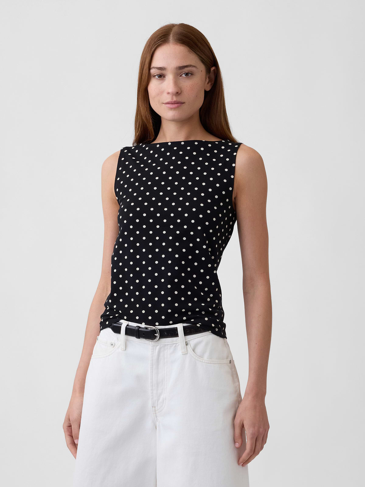 Boatneck Tank Top - White Polka Dot
