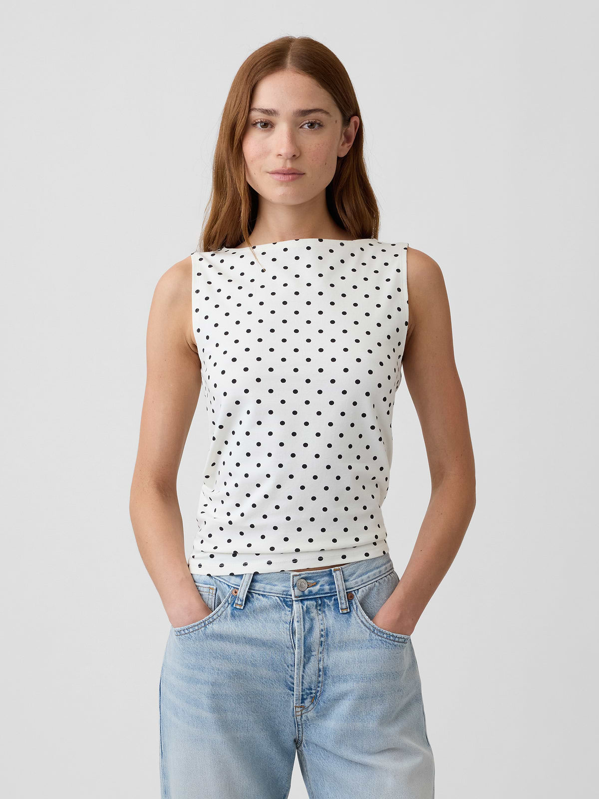 Boatneck Tank Top - Black Polka Dot
