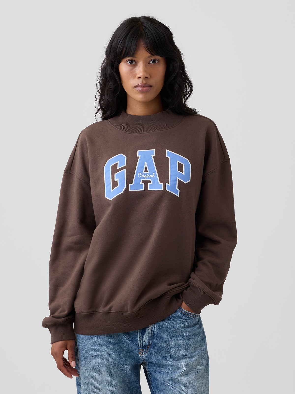 Oversized Gap Logo Mockneck Tunic Sweatshirt - Woodsy Brown