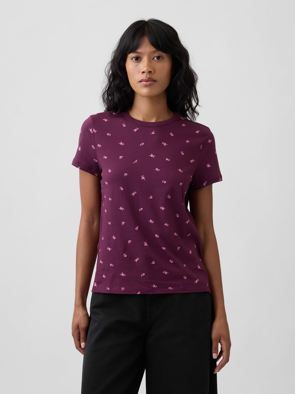 Favorite Crewneck T-Shirt - Burgundy Pink Floral