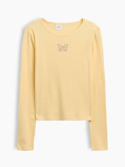 Kids Ribbed T-Shirt - Light Yellow Butterfly