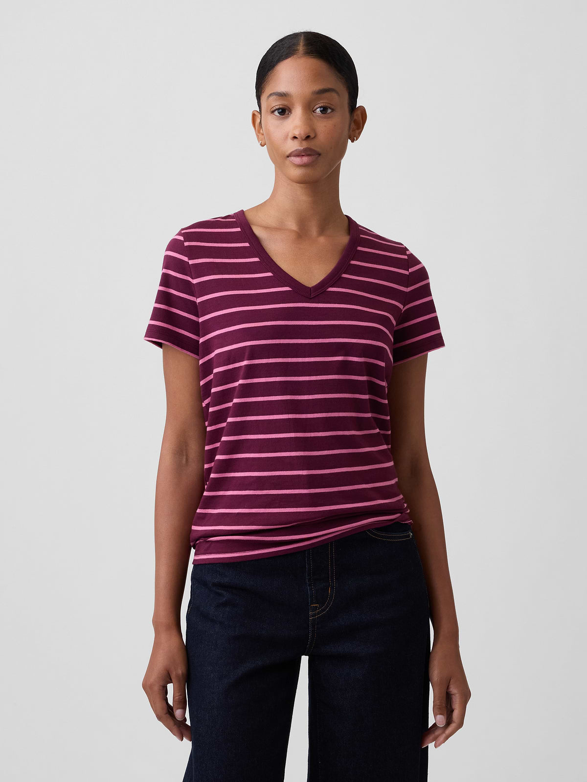 Favorite V-Neck T-Shirt - Burgundy Pink Stripe