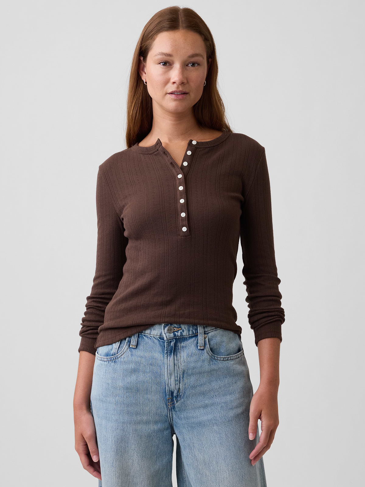 Pointelle Henley T-Shirt - Woodsy Brown