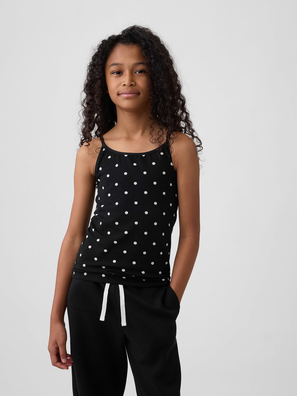 Kids Stretch Jersey Cami - Black Polka Dot