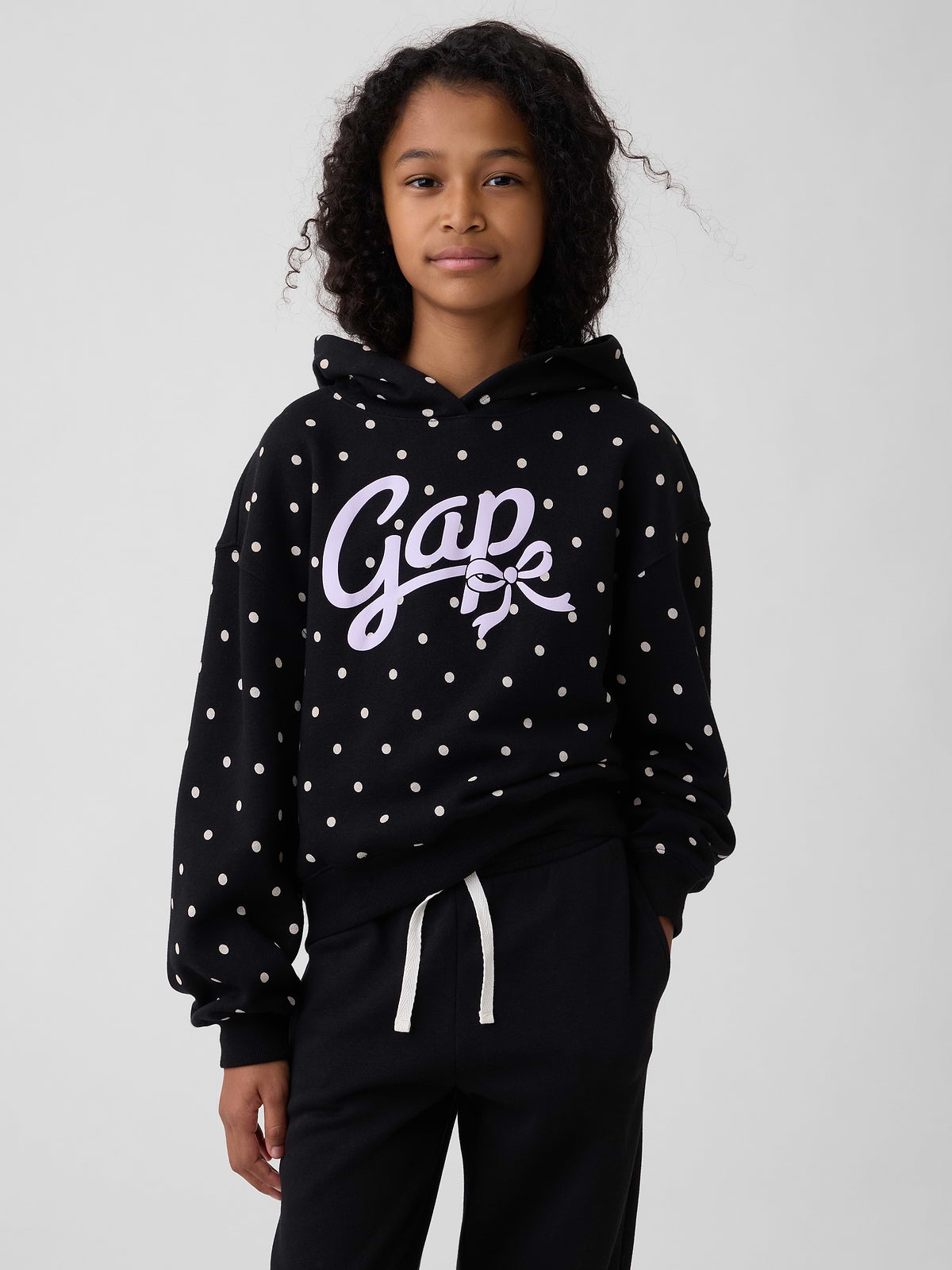 Kids Relaxed Fleece Hoodie - Black Polka Dot