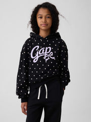 Kids Relaxed Fleece Hoodie - Black Polka Dot