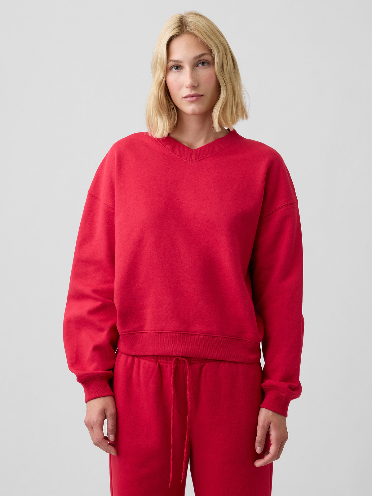 Oversized Wedge V-Neck Sweatshirt - Crimson Red