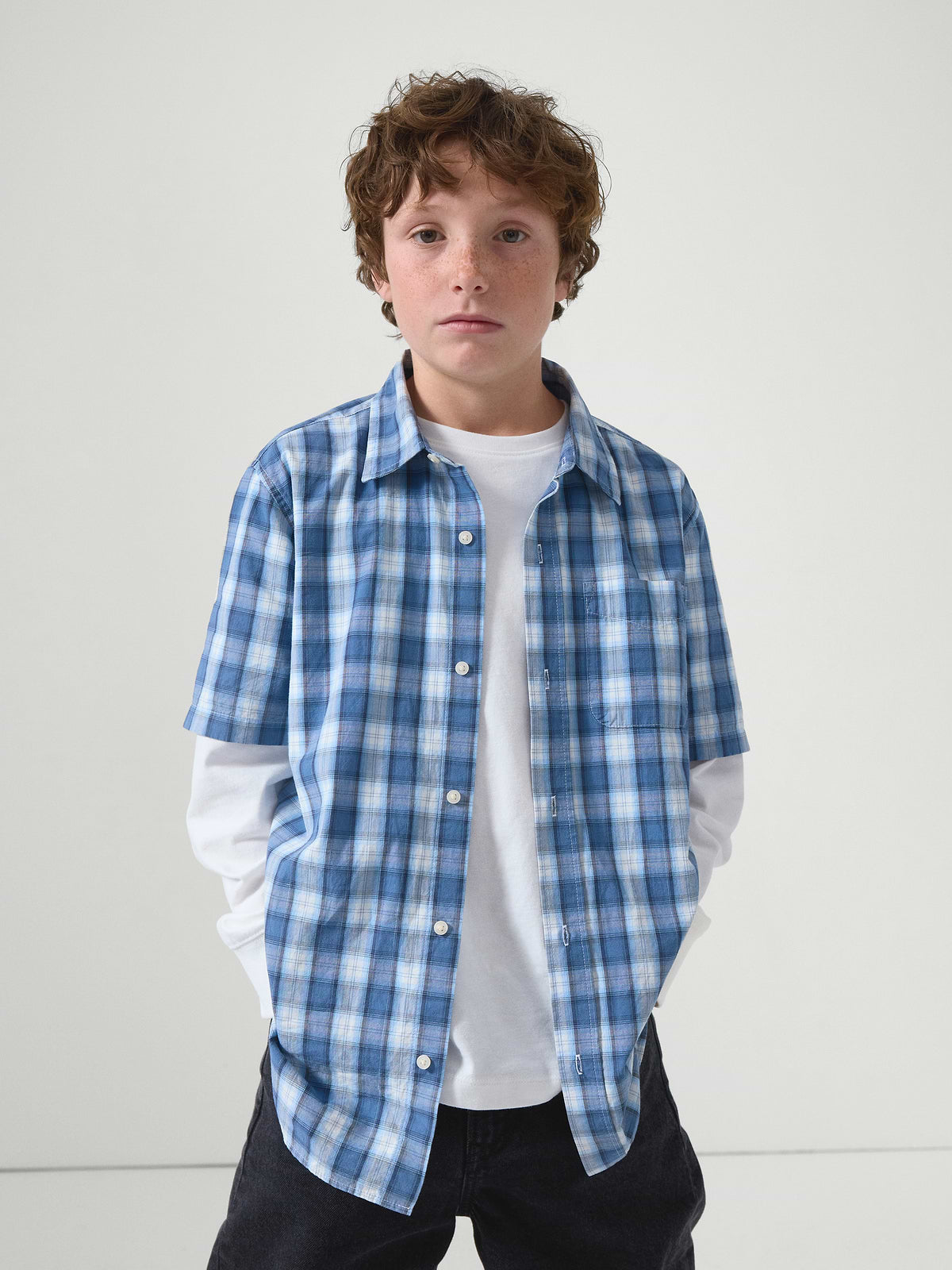 Kids Print Poplin Shirt - Wind Blue