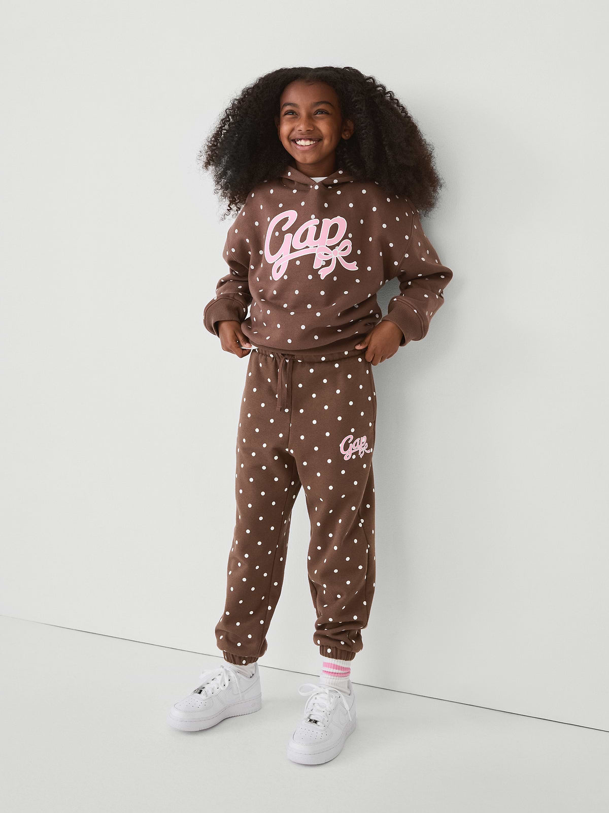 Kids Relaxed Fleece Hoodie - Brown Polka Dots