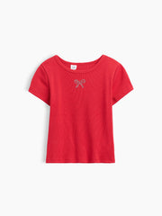 Kids Ribbed Crewneck T-Shirt - Modern Red Bows