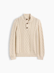 Kids Relaxed Cable-Knit Mockneck Henley Sweater - Tan Chino