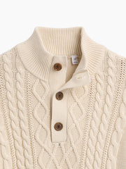 Kids Relaxed Cable-Knit Mockneck Henley Sweater - Tan Chino