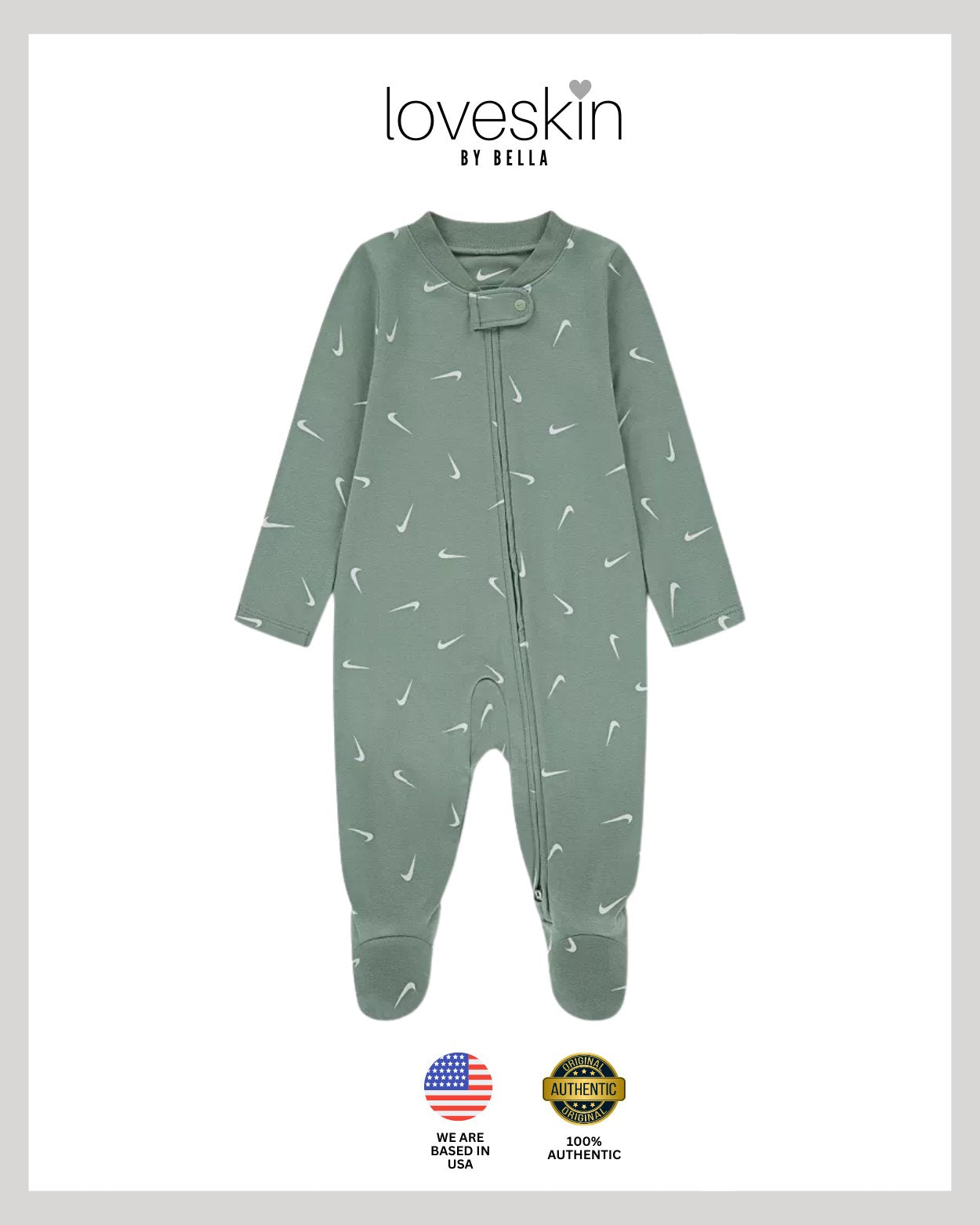 Newborn Baby Naik Printed Logo Footed Coverall in Color Green Size 9 months